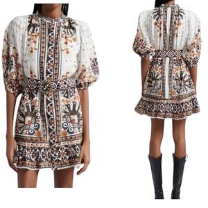 Farm Rio Flower Fan Tapestry Off-White Mini Dress Beaded Belted NWT Size M